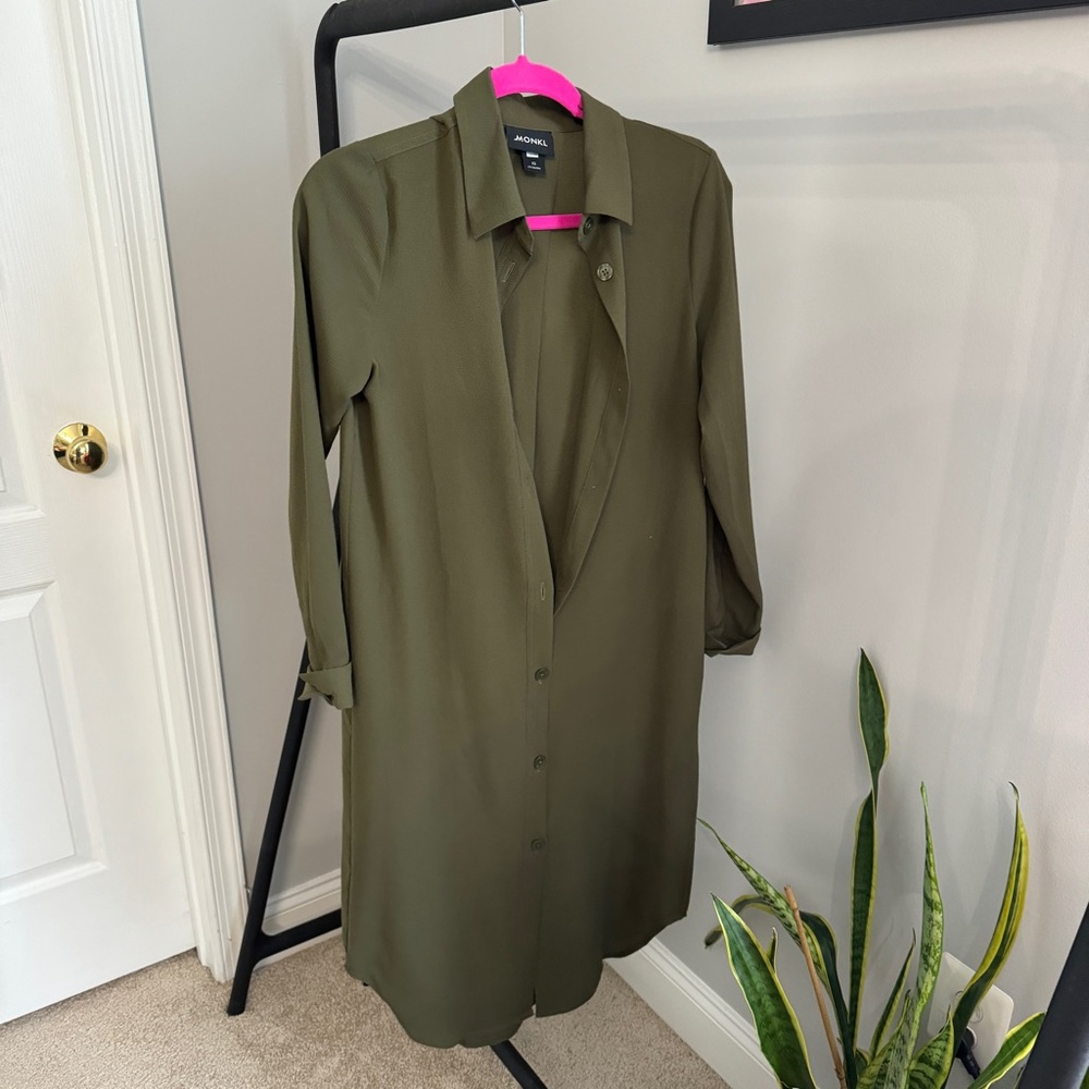 Monki Midi Long Sleeve Button Up Shirt Dress Khaki Green Size XS